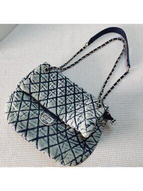 Quilted Denim Flap Purse Shoulder Messenger Bag Purse 11.5x7 Blue Fold Over